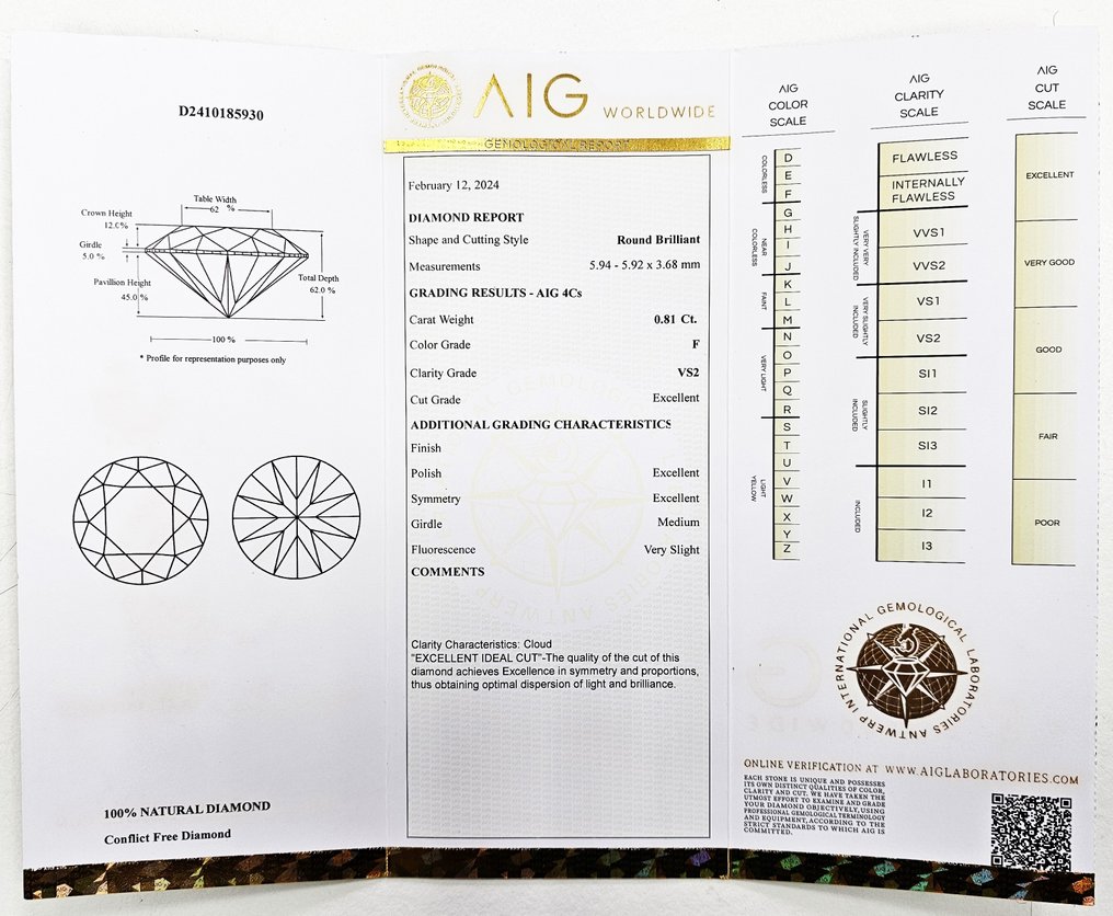 1 pcs Diamante  (Natural)  - 0.81 ct - F - VS2 - Antwerp International Gemological Laboratories (AIG Israel) #2.1