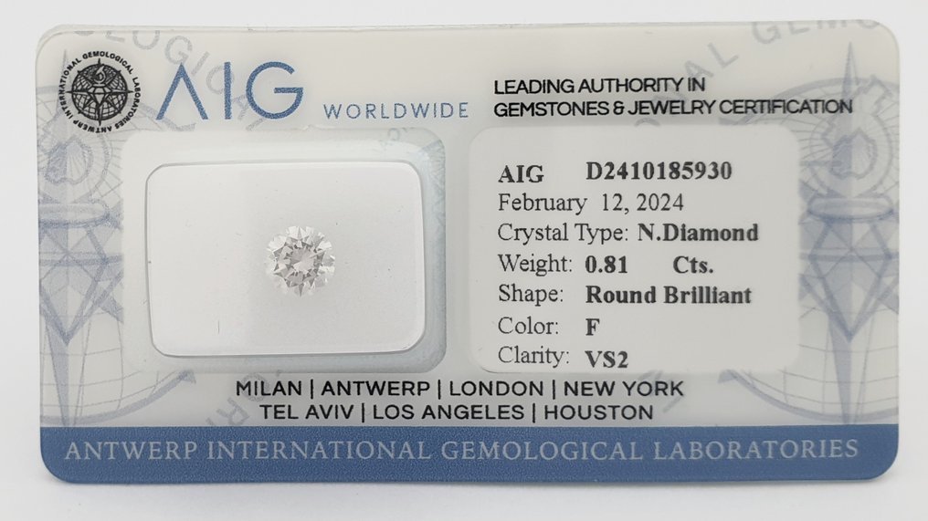 1 pcs Diamante  (Natural)  - 0.81 ct - F - VS2 - Antwerp International Gemological Laboratories (AIG Israel) #3.2