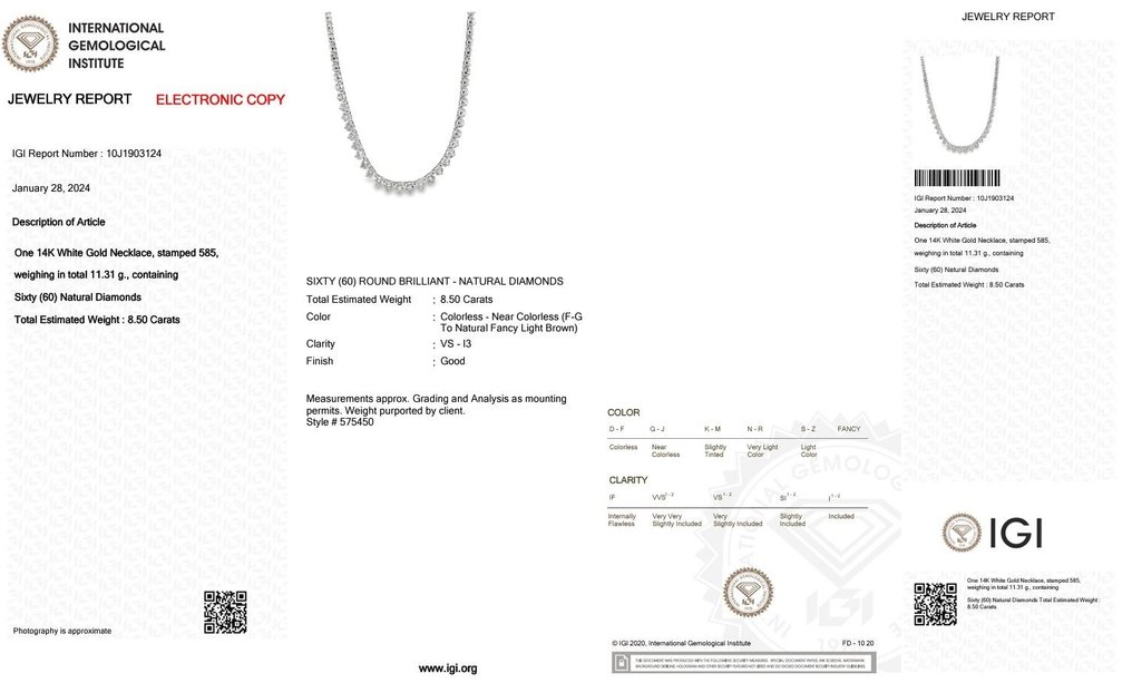 Ingen reservasjonspris - Halskjede - 14 karat Hvitt gull -  8.50ct. tw. Diamant  (Naturlig) #2.1