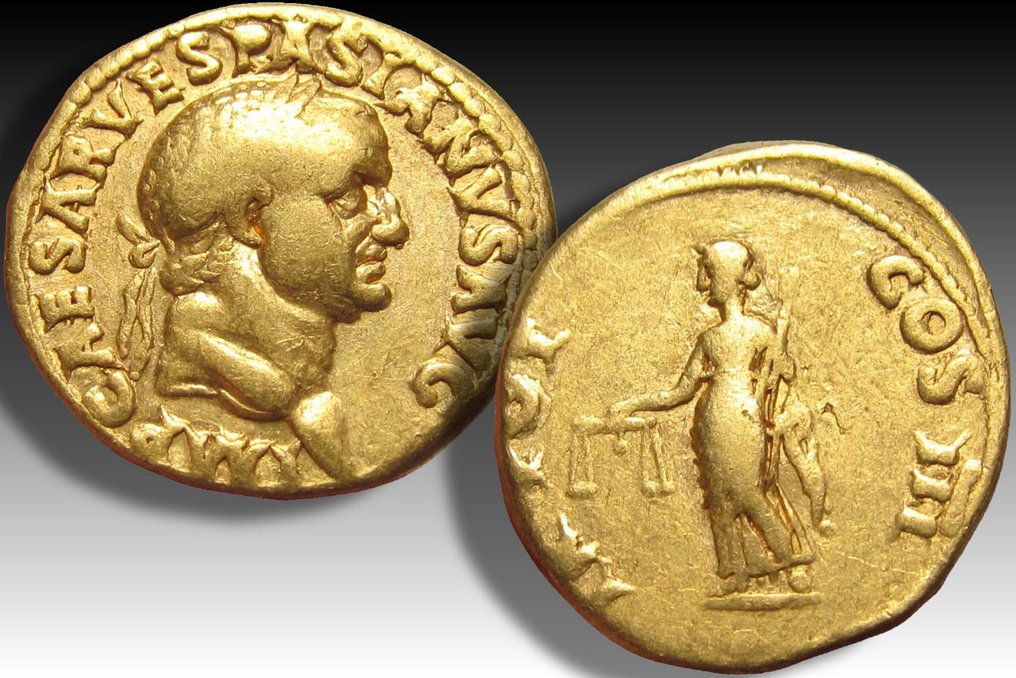 Romarriket. Vespasian (AD 69-79). Aureus Lugdunum (Lyon) mint 71 A.D. - Aeqvitas standing left - #2.1
