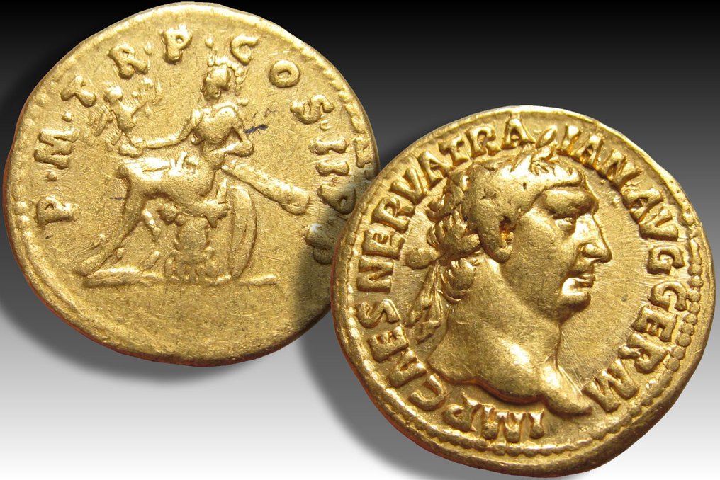 Roman Empire. Trajan (AD 98-117). Aureus Rome mint 98-99 A.D. - Roma seated left - scarcer type #2.1