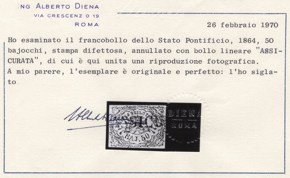 State Italiene Antice - Statul Papal 1864 - 50 baj. imprimare defectă | Folosit | Foarte proaspăt și perfect | Certificat | Transport gratuit - Sassone ASI #2.2