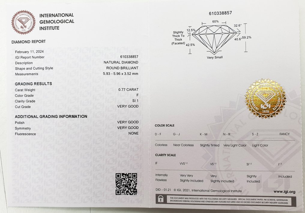 1 pcs Diamante  (Natural)  - 0.77 ct - Redondo - F - SI1 - Istituto Gemmologico Italiano (IGI) #2.1