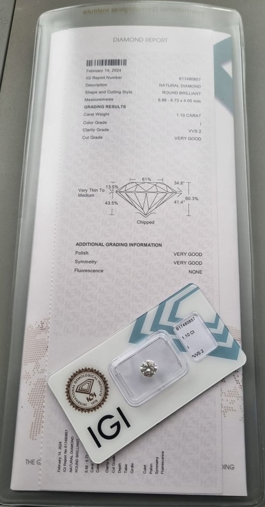 1 pcs 鑽石 - 1.10 ct - 圓形 - I(極微黃、正面看為白色) - VVS2 #3.1