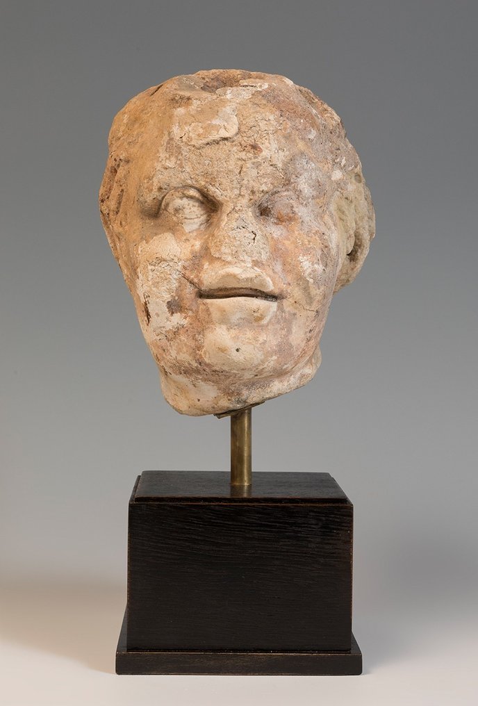 Ókori római Márvány Egy szatír feje. Kr.u. 1. - 3. század. 30 cm H. Spanyol kiviteli engedély. #1.1