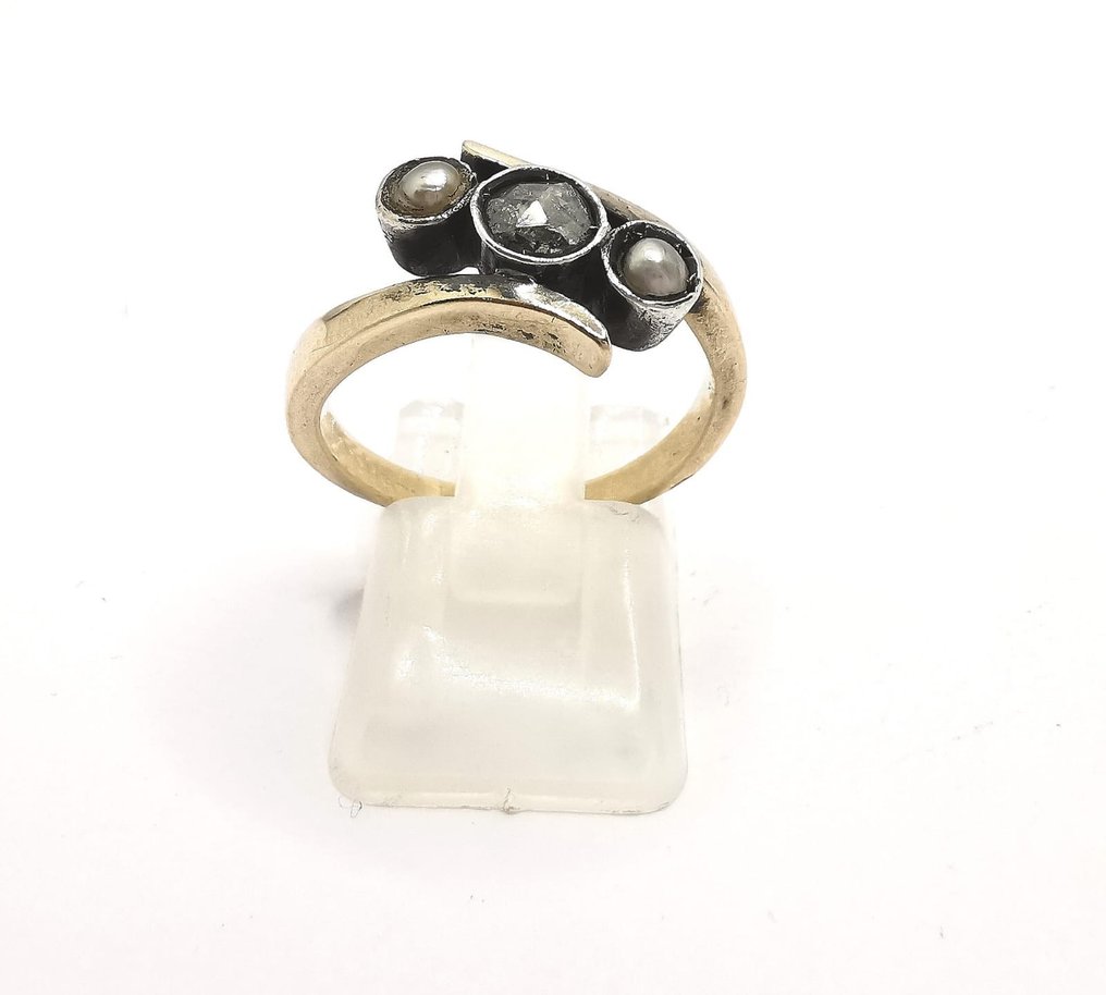 Ingen reservasjonspris - Ring Gull Diamant  (Naturlig) - Perle #1.1