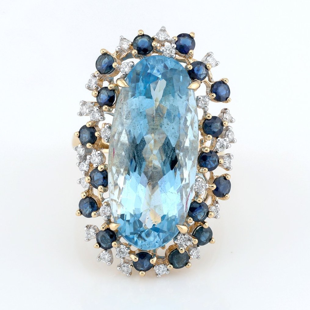 [IGI Certified] - (Aquamarine) 14.95  Cts - (Sapphire) 1.80 Cts (17) Pcs - (Diamond) 0.35 Cts (28) - 14 carats Bicolore - Bague #1.1