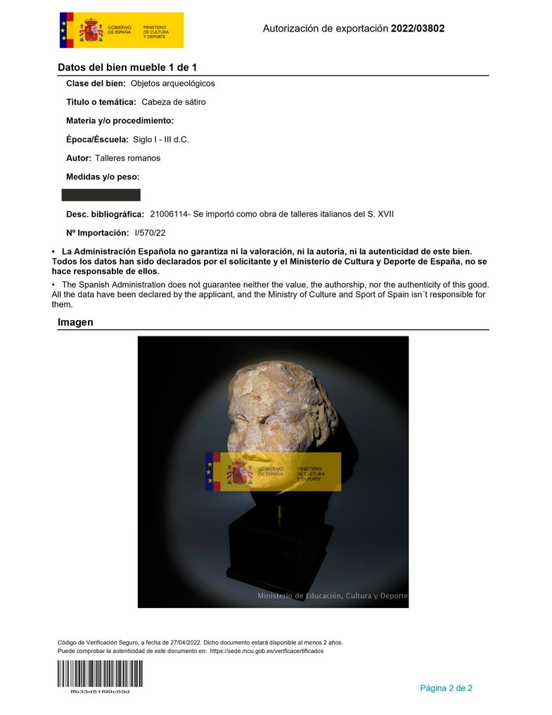 Αρχαία Ρωμαϊκή Μάρμαρο Κεφάλι σατύρου. 1ος - 3ος αιώνας μ.Χ. Ύψος 30 εκ. Άδεια εξαγωγής από την Ισπανία. #4.3