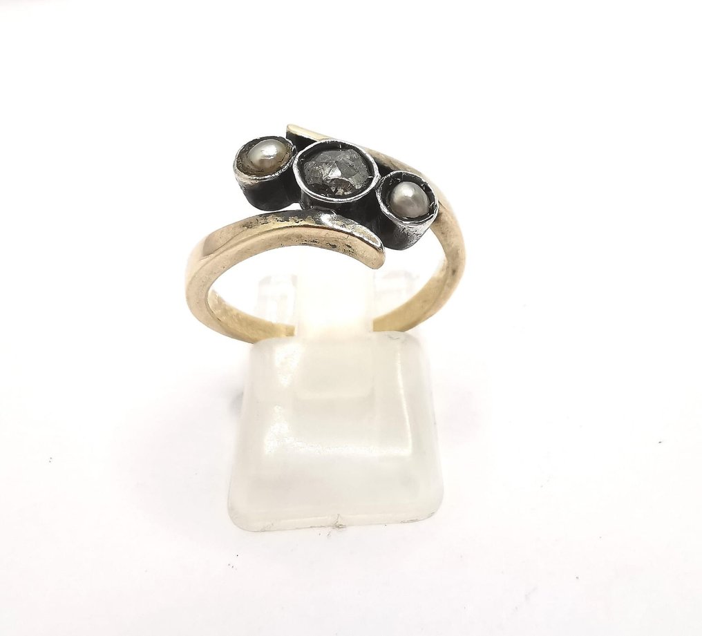 Ingen reservasjonspris - Ring Gull Diamant  (Naturlig) - Perle #1.2