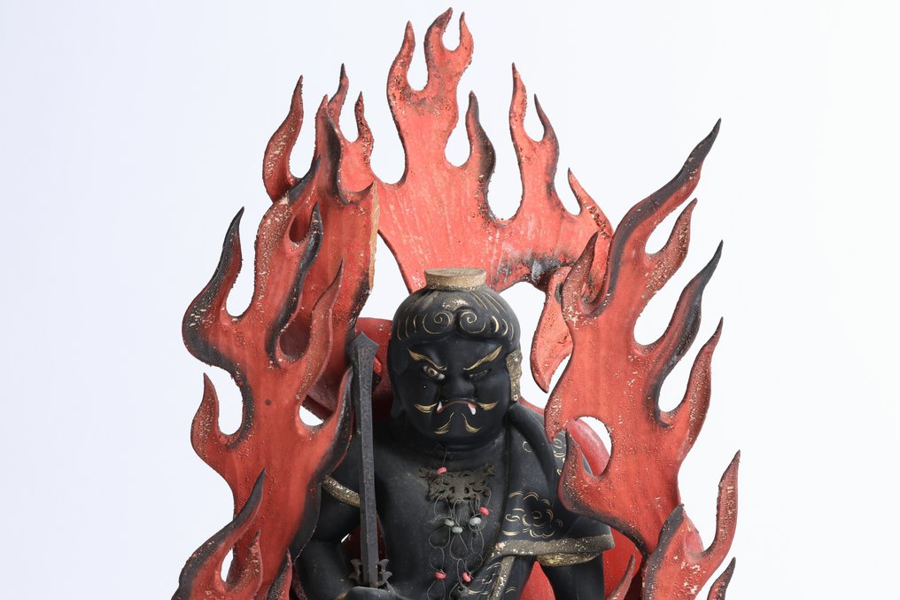 Statue of Fudo Myoo Triad 不動三尊 with Gyokugan 玉眼 with Zushi Altar Cabinet - Sculpture Bois - Japon - Période Meiji (1868–1912) #3.1