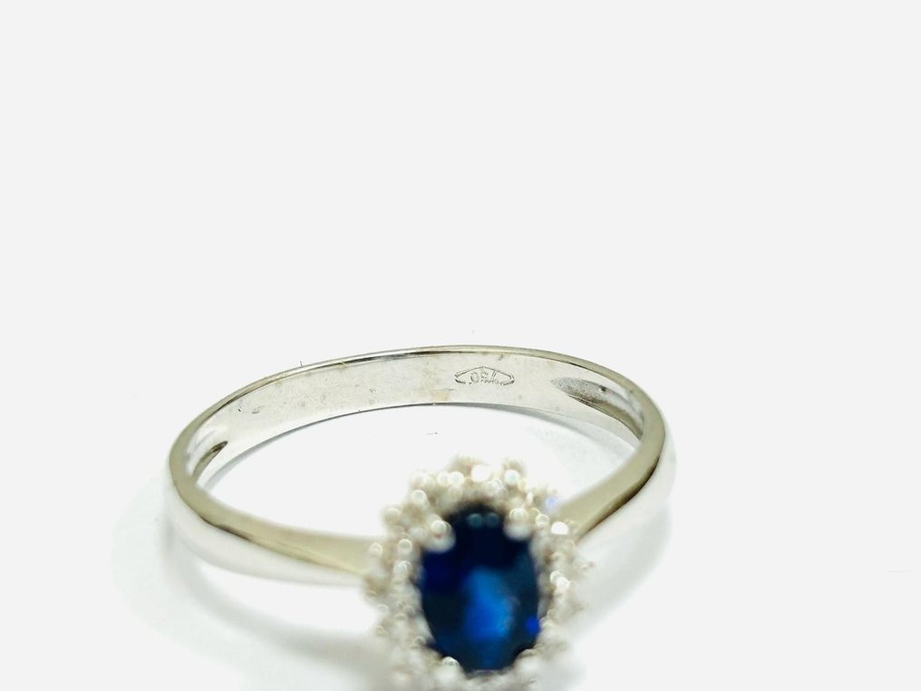 戒指 - 18K包金 白金 -  1.05 tw. 蓝宝石 - 钻石  #3.1