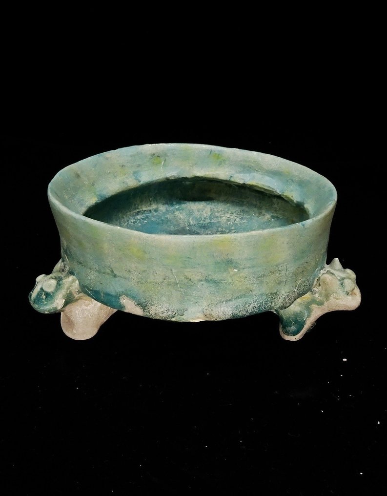 伊斯蘭 古代波斯 - 塞爾柱 - 帶貓頭的三腳架碗 - 綠松石釉 10 世紀/12 世紀。 #1.1