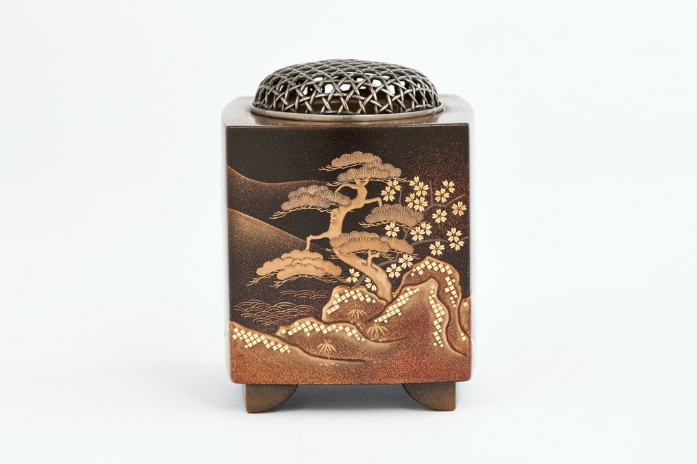 Scenic Landscapes Maki-e Koro 香炉 with Pure Silver Filigree Lid (36g) - Καυστήρας θυμιάματος - Wajima Lacquerware #2.2