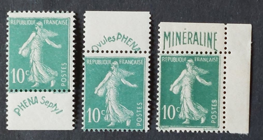 法国 1924/26 - 全底播种，10 汤匙。绿色，系列 3 枚邮票 - Yvert 188, 188A et 188B #1.1