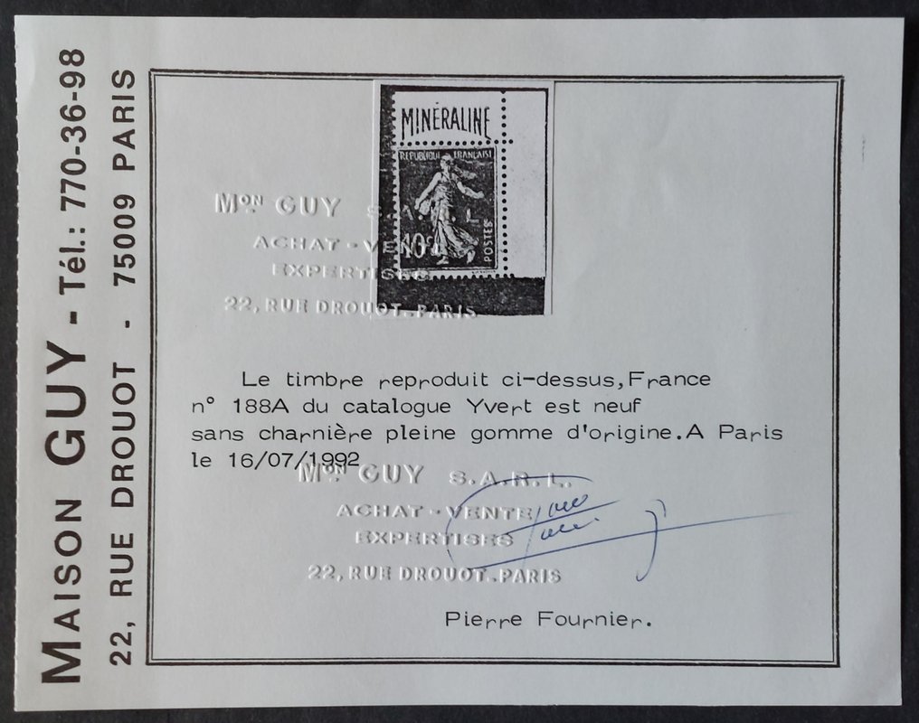 法国 1924/26 - 全底播种，10 汤匙。绿色，系列 3 枚邮票 - Yvert 188, 188A et 188B #3.1
