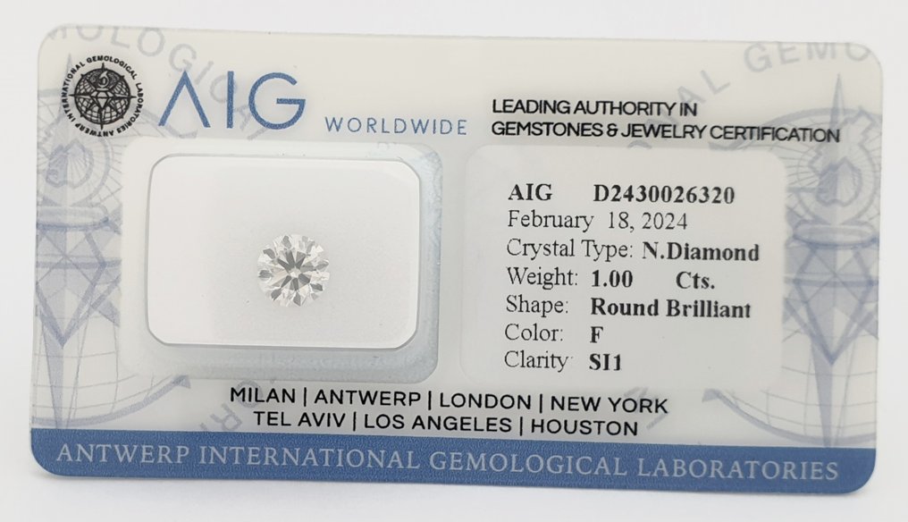 1 pcs Diamante  (Naturale)  - 1.00 ct - F - SI1 - Antwerp International Gemological Laboratories (AIG Israele) #3.2