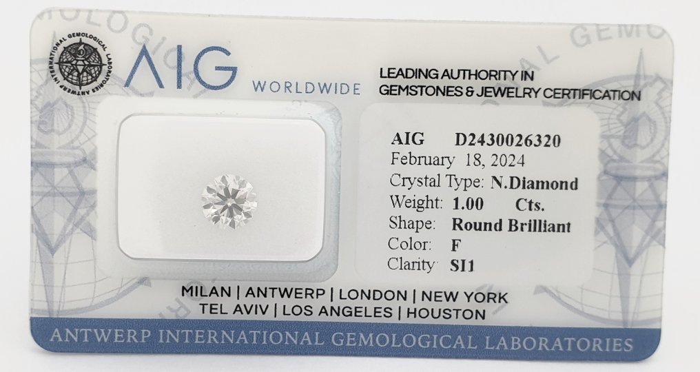 1 pcs 钻石  (天然)  - 1.00 ct - F - SI1 微内含一级 - 安特卫普国际宝石实验室（AIG以色列） #1.1