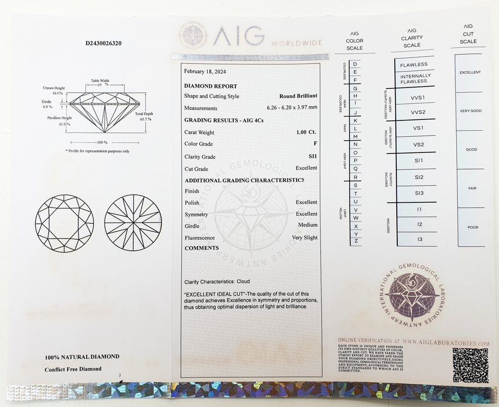 1 pcs 鑽石  (天然)  - 1.00 ct - F(近乎無色) - SI1 - Antwerp International Gemological Laboratories (AIG Israel) #2.2
