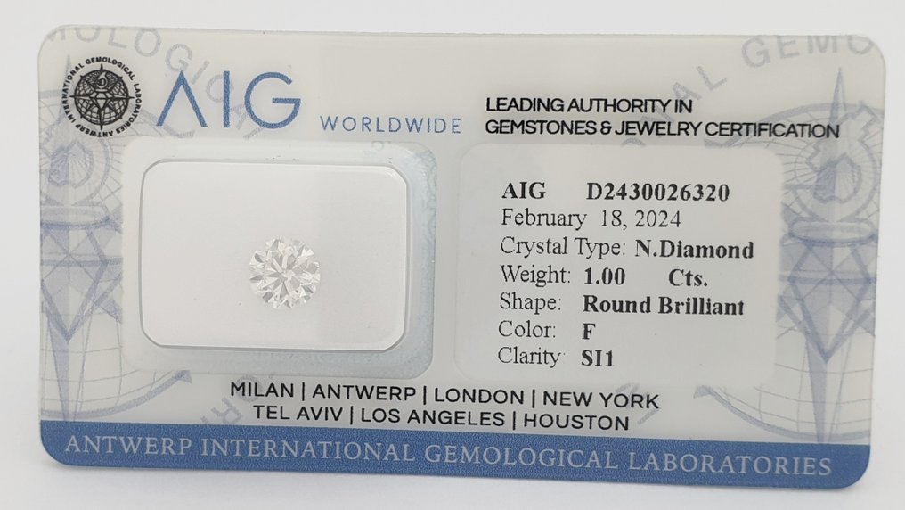 1 pcs Diamant  (Natürlich)  - 1.00 ct - F - SI1 - Antwerp International Gemological Laboratories (AIG Israel) #3.3