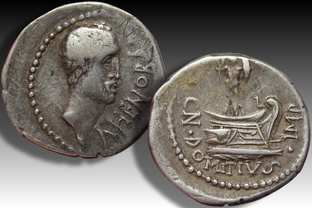 Romerska republiken. Cn. Domitius L.f. Ahenobarbus. Denarius uncertain mint near Adriatic or Ionian sea 41-40 B.C. #2.1