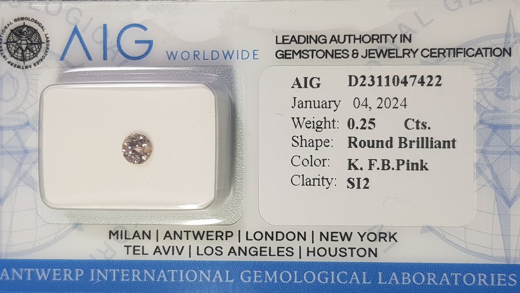 1 pcs Gyémánt - 0.25 ct - Briliáns - K - halvány barnásrózsaszín - SI2, 3EX #1.1