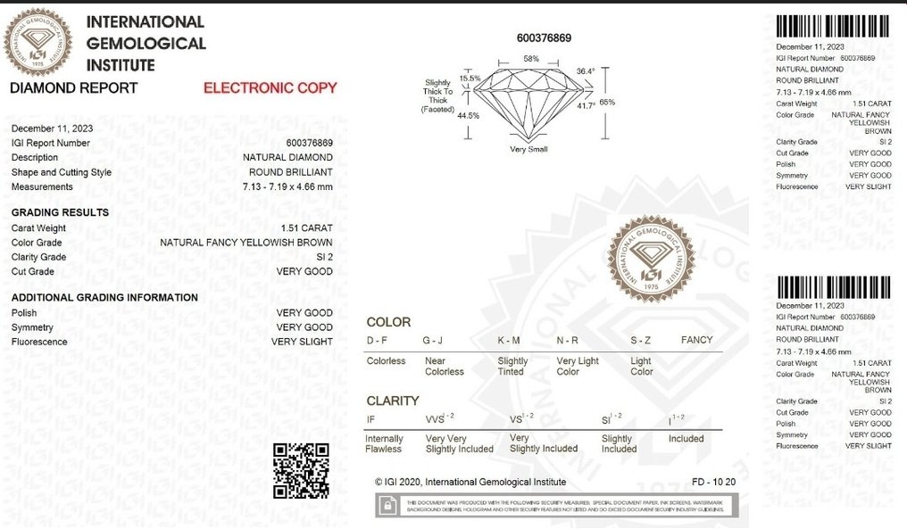 1 pcs Diamant  (Natürlich farbig)  - 1.51 ct - Fancy Gelblich Braun - SI2 - Istituto Gemmologico Italiano (IGI) #2.3