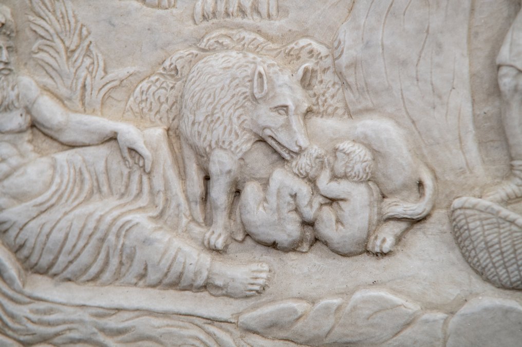 Rilievo, Romolo e Remo sul greto del fiume di Roma Tevere con il Dio Tiberino - 54 cm - Marmo #3.1
