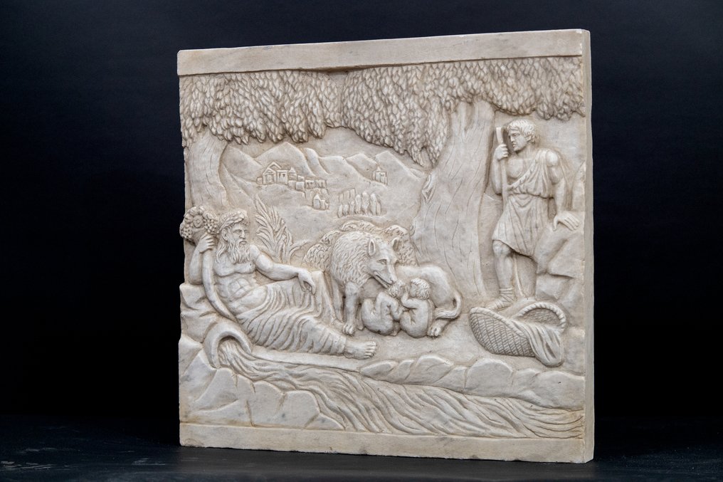 Reliëf, Romolo e Remo sul greto del fiume di Roma Tevere con il Dio Tiberino - 54 cm - Marmer #2.2