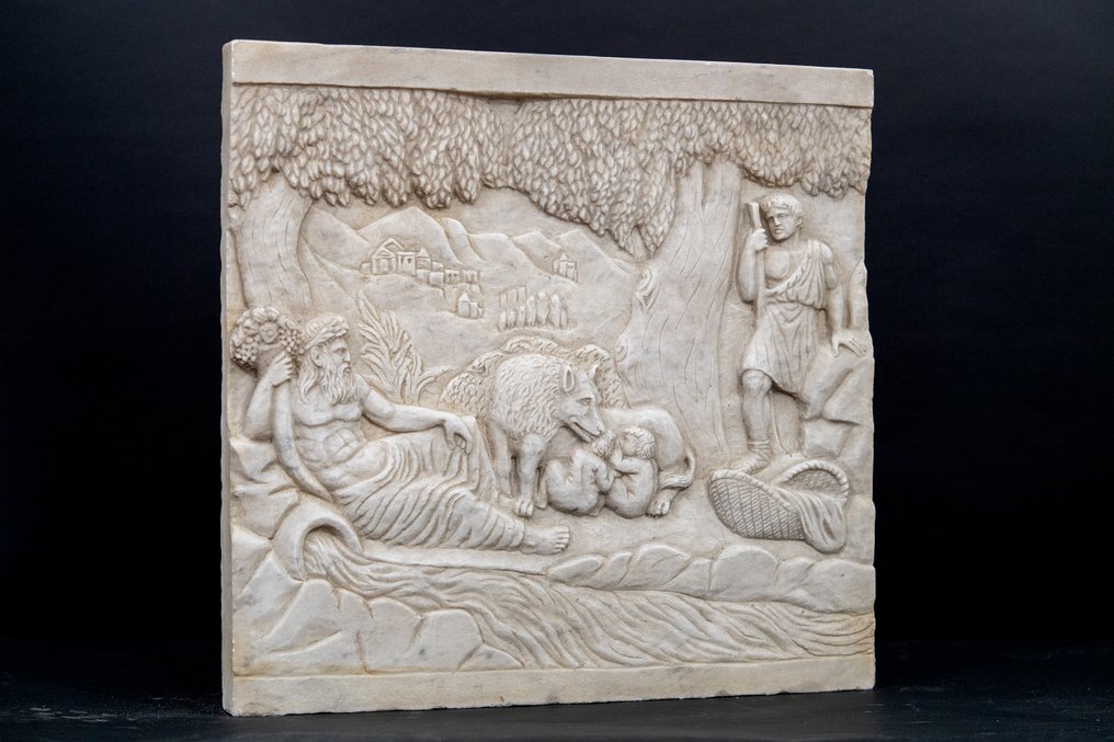 Ανάγλυφο, Romolo e Remo sul greto del fiume di Roma Tevere con il Dio Tiberino - 54 cm - Μάρμαρο #2.1