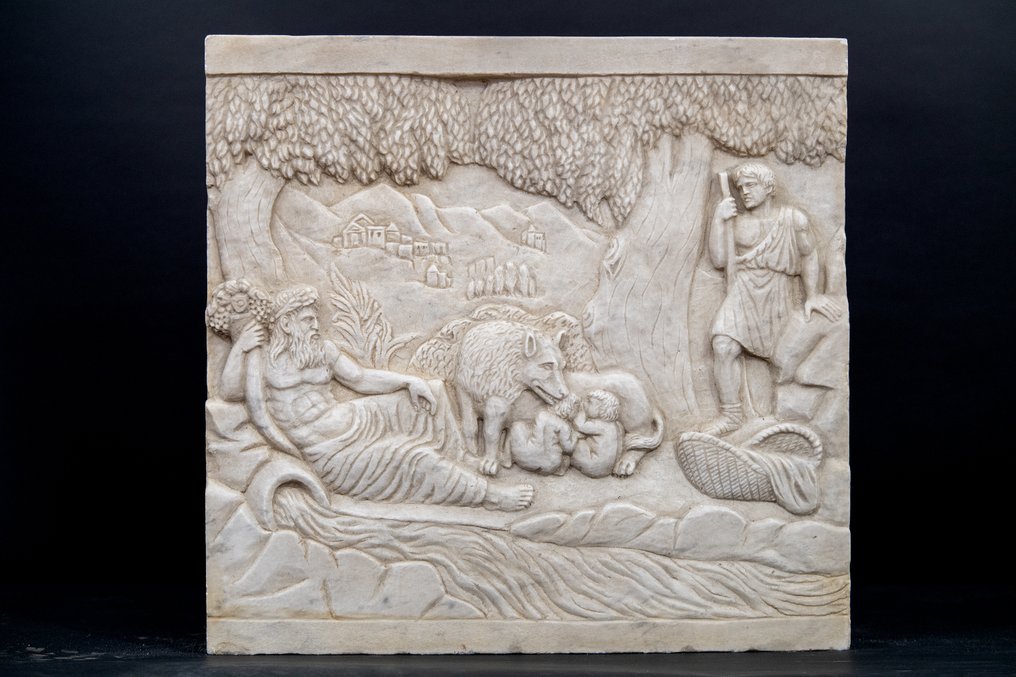 Reliëf, Romolo e Remo sul greto del fiume di Roma Tevere con il Dio Tiberino - 54 cm - Marmer #1.1