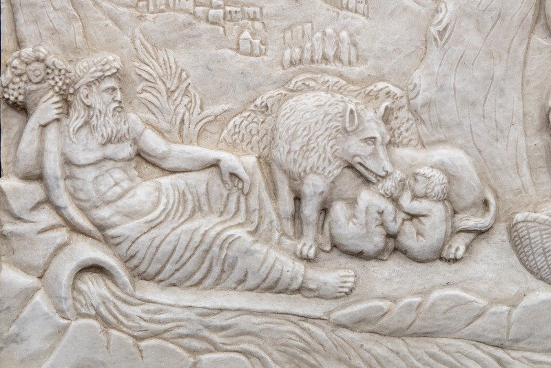 Rilievo, Romolo e Remo sul greto del fiume di Roma Tevere con il Dio Tiberino - 54 cm - Marmo #3.2