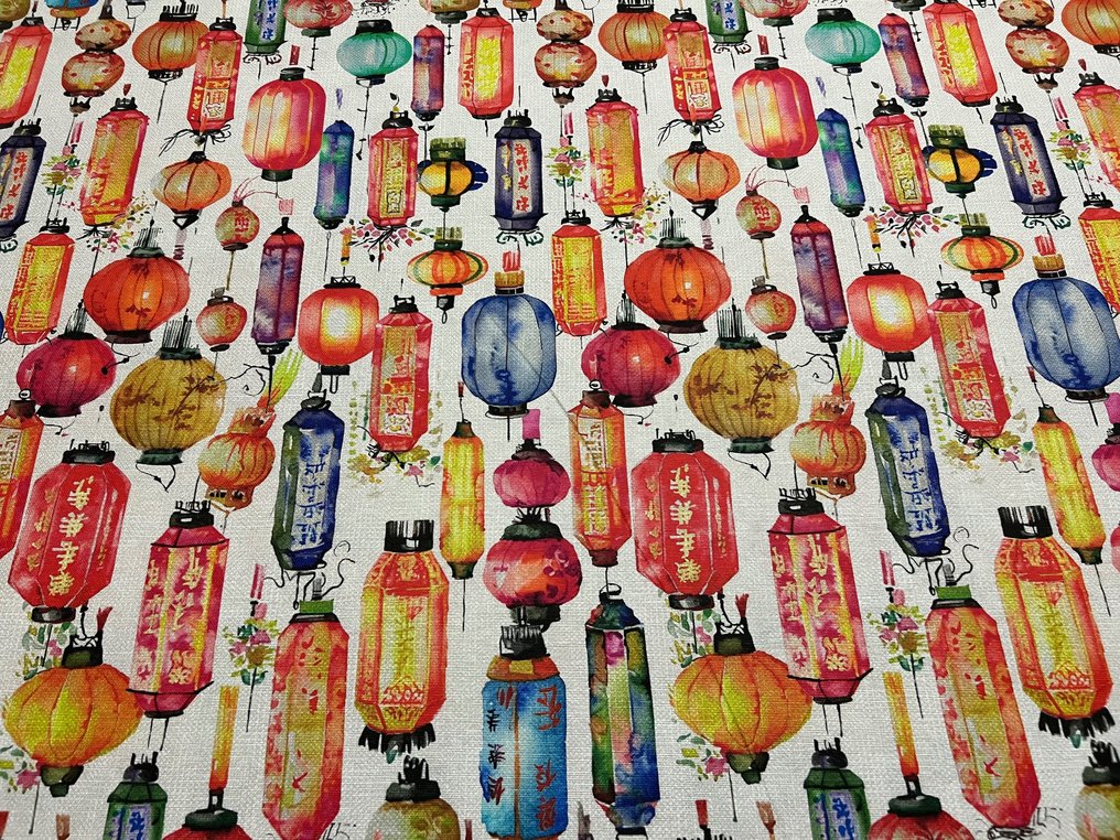 Tela de algodón 3,00 x 2,80 metros - "Faroles chinos" - Oriental - - Tejido de tapicería  - 300 cm - 280 cm #3.1