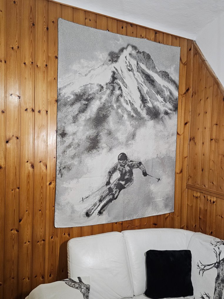 Αράχνη από μαλλί αλπακά με σκιέρ στα βουνά - 185x140cm - Αποκλειστικό Jacquard κατασκευασμένο στην - Ταπετσαρία  - 185 cm - 140 cm #2.1