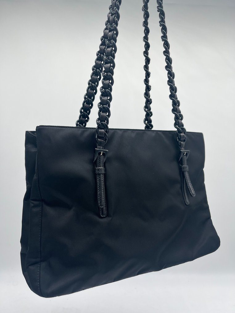 Prada - Prada Black Chain Tote Tessuto Shopper 870605 - Schultertasche #1.2