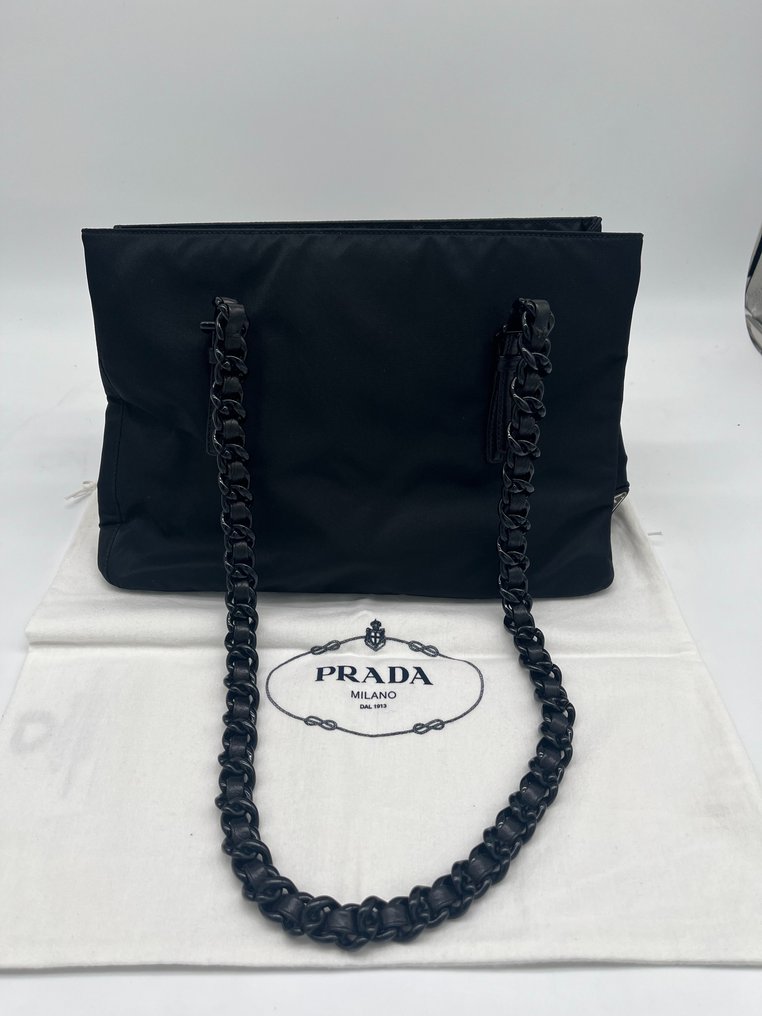 Prada - Prada Black Chain Tote Tessuto Shopper 870605 - Válltáska #1.1