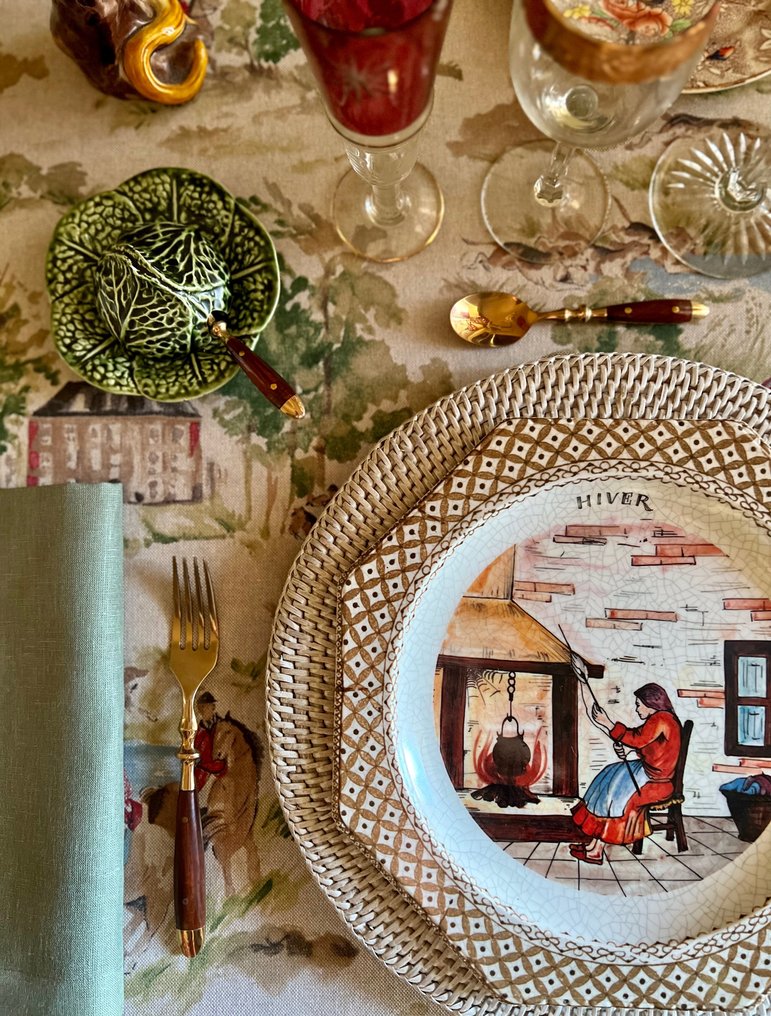 Toalha de mesa Caceria toile de jouy, seis guardanapos de linho a condizer. 2,70 x 1,60 - Toalha de mesa (7)  - 270 cm - 180 cm #1.1