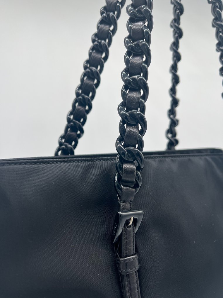 Prada - Prada Black Chain Tote Tessuto Shopper 870605 - Torebka na ramię #2.1