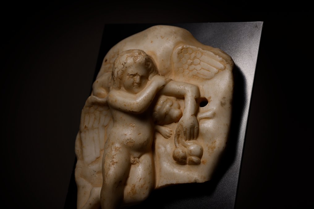 Ókori római Márvány Nagy megkönnyebbülés Hypnos-Eros alszik. Spanyol kiviteli engedéllyel. - 30 cm #2.2