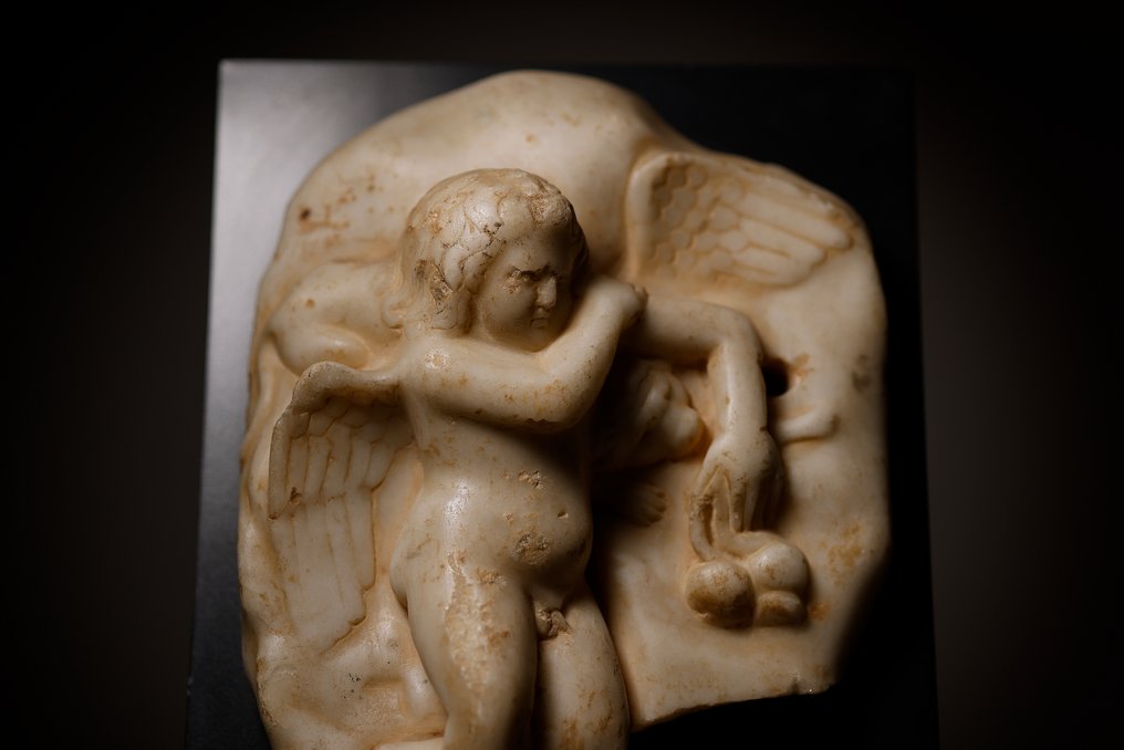Oud-Romeins Marmer Groot reliëf van Hypnos-Eros in slaap. Met Spaanse exportlicentie. - 30 cm #2.1