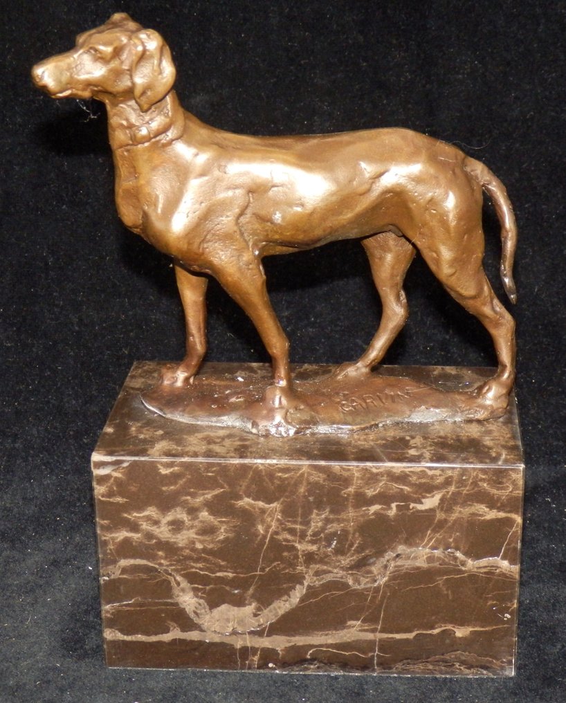 sculptuur, Zware Bronzen hond op marmeren voet - Naar Louis-Albert Carvin (1875-1951) - 19 cm - Brons, Marmer - 2000 #2.1