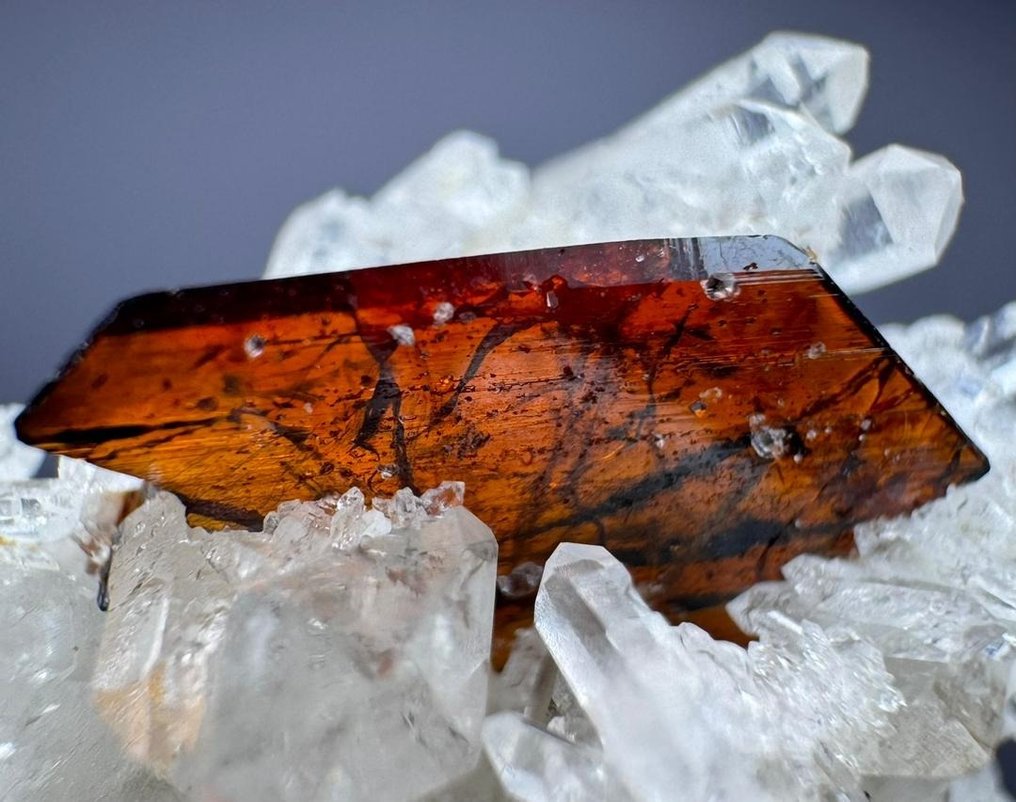 Cristal de Brookite complet terminat, roșu ca sângele, pe ciorchine de cuarț Cristal pe matrice - Înălțime: 47 mm - Lățime: 71 mm- 110 t - (1) #2.2