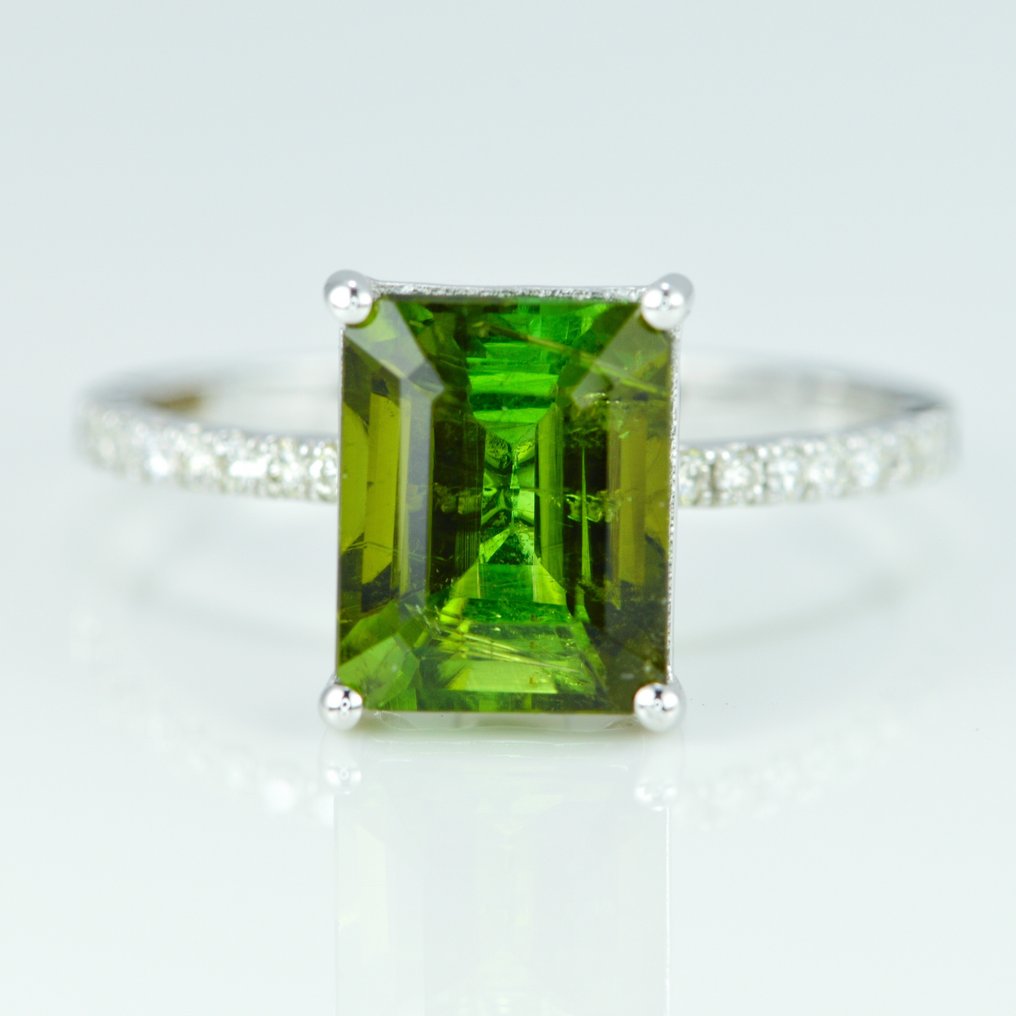 Ring - 14 karat Hvidguld -  2.92ct. tw. Turmalin - Diamant - Smaragdskåret Verdelite #1.1