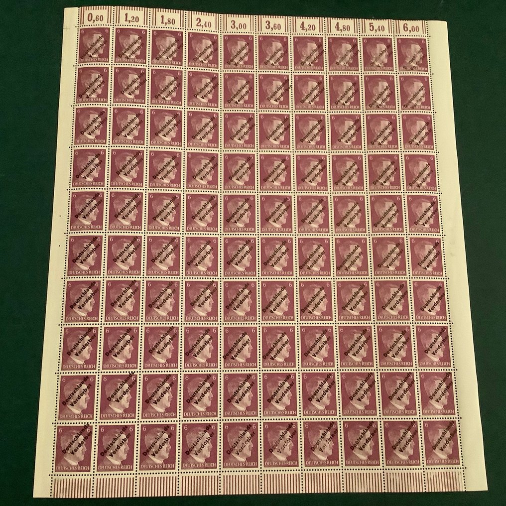 Alemania - Áreas postales locales 1945 - MeiBen: 6 Pf en buenos matices en hoja completa con error de placa - Michel 33az en 33azIII #1.1
