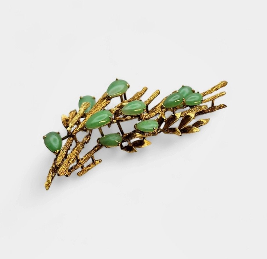 Wisiorek Antyczna / Vintage Niesamowita broszka z 18-karatowego złota Apple Green Jade - Jadeit #1.1