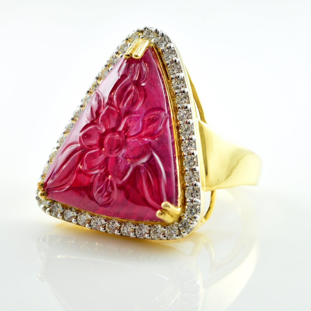 Ring - 14 karaat Geel goud -  10.90ct. tw. Robijn - Diamant - Geen warmte Ruby-ring #1.1