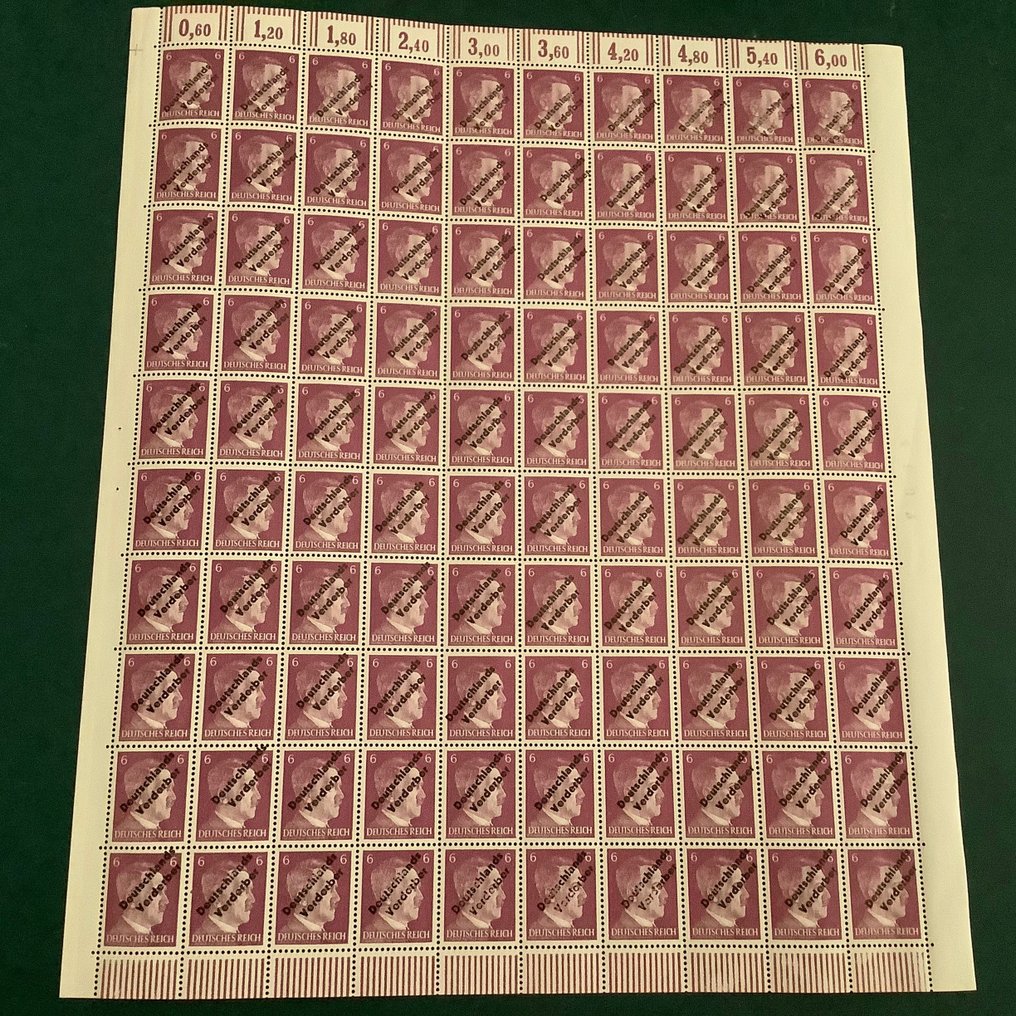 Niemcy - Lokalne urzędy pocztowe 1945 - MeiBen: 6 Pf w dobrym odcieniu w pełnym arkuszu z błędem płyty - Michel 33az en 33azIII #1.2