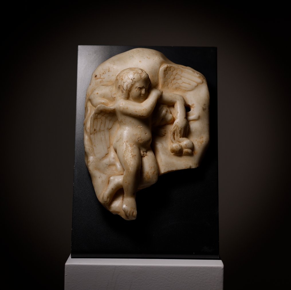 Oud-Romeins Marmer Groot reliëf van Hypnos-Eros in slaap. Met Spaanse exportlicentie. - 30 cm #1.1