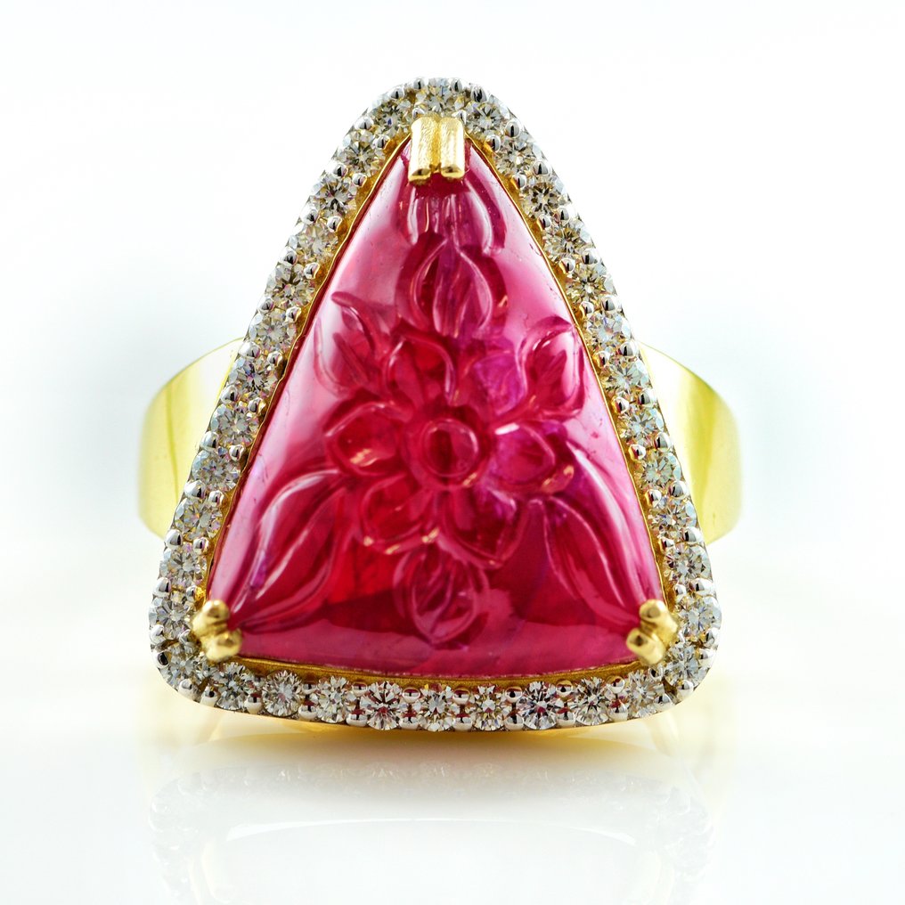Ring - 14 karaat Geel goud -  10.90ct. tw. Robijn - Diamant - Geen warmte Ruby-ring #1.2