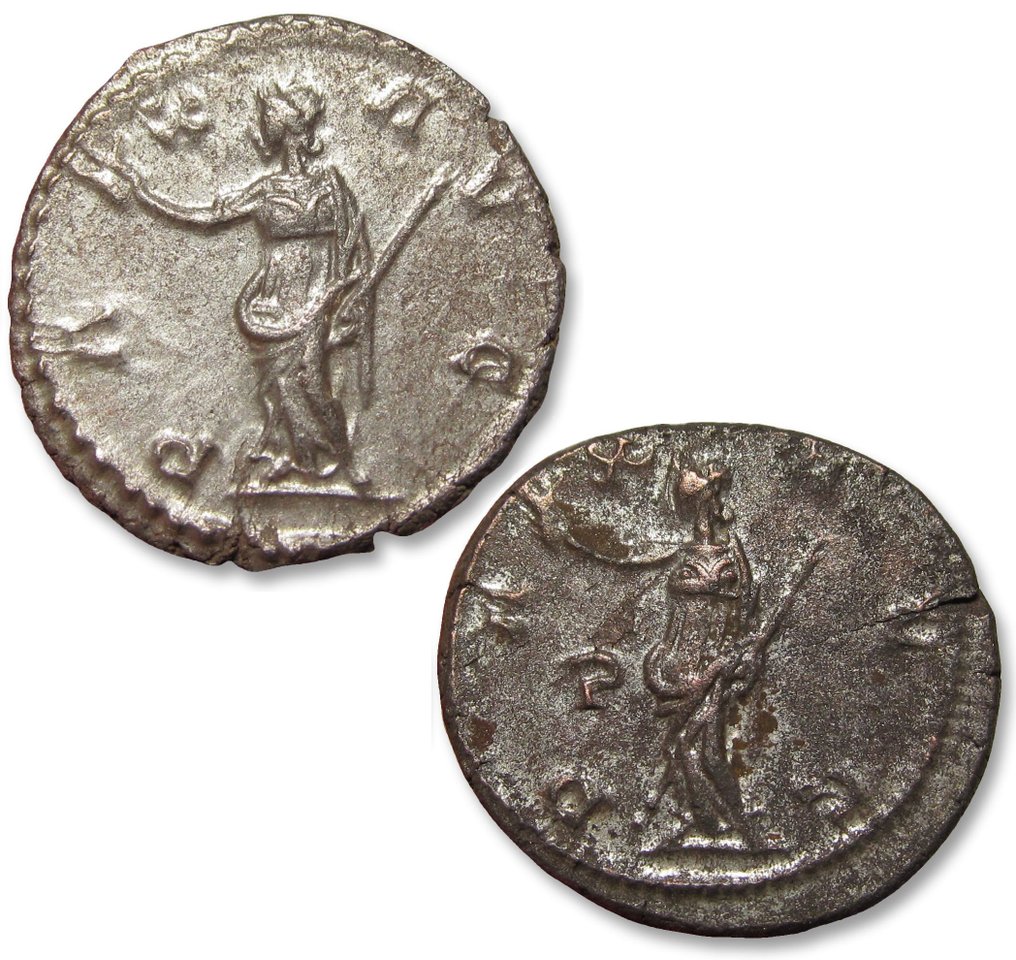 Rooman imperiumi. Postumus (260-269). Billon Antoninianus or double denarius Group of 2 coins, Treveri or Cologne mint 268 A.D.: PAX AVG and PAX AVG var. with P in field #1.1