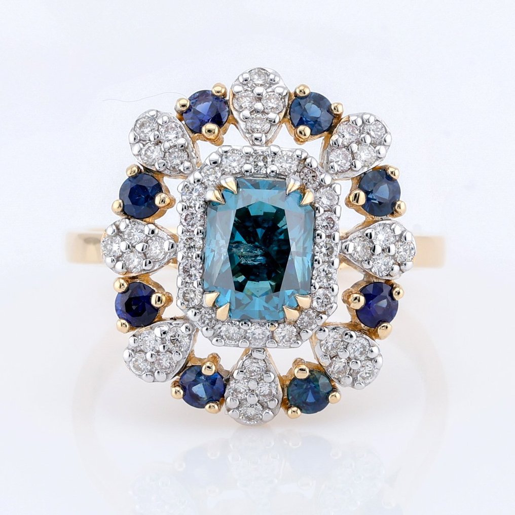 IGI Certified-Blue Diamond 1.25 Cts   - Sapphire0.49 Cts-Diamond 0.38 Cts - 14 kt. Bicolour - Ring - Colour treated 1.25 ct Diamond - Diamonds, Sapphires #1.1